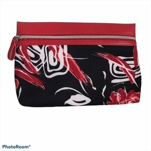 NWOT - LANCOME - Women's Make Up Mini Bag Red/Black/White Floral Zip Up